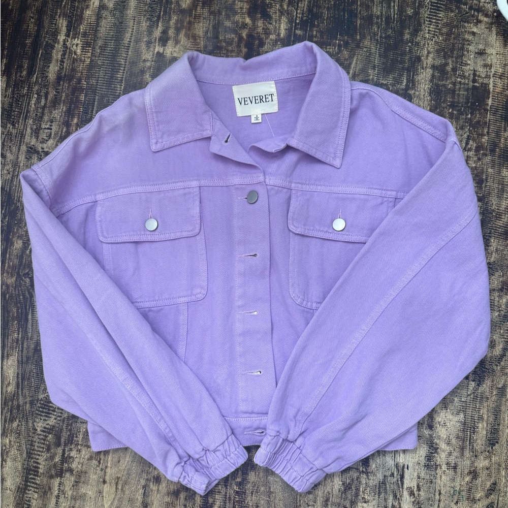Purple Cropped Jean Jacket with Rinestone tassles on back